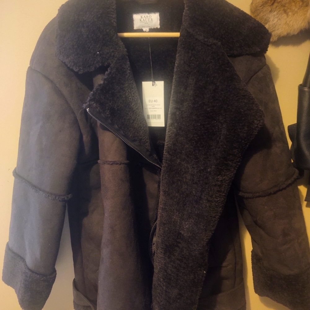 NA-KD NWT Faux Fur Belted Aviator Jacket Size EU 40/US 10 in Black